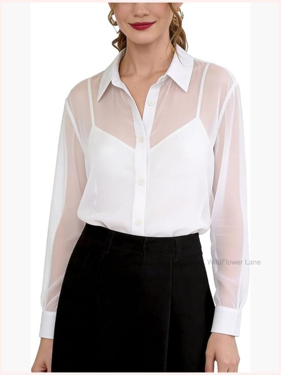 Tops - Sheer Button Down Shirt Long Sleeve See Through Chiffon Blouse Tunic Tops